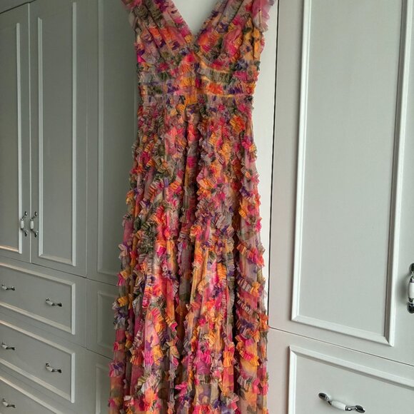Mac Duggal  Multicolor Floral V-neck Ruffle Maxi Dress   Size 4 - Picture 5 of 9